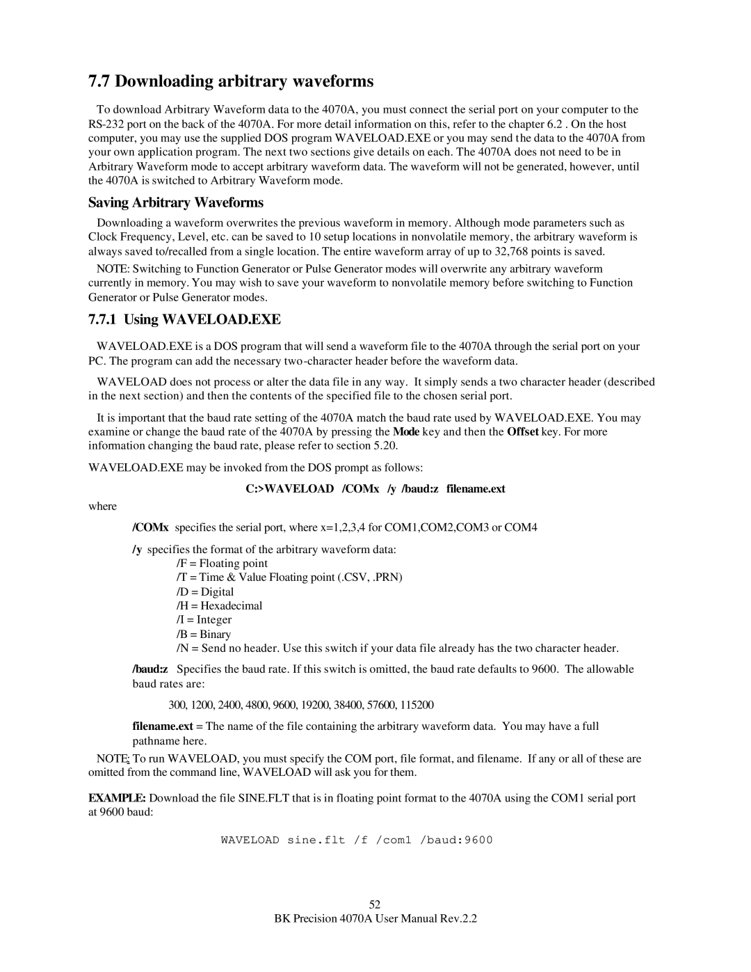 B&K 4070A user manual Downloading arbitrary waveforms, Saving Arbitrary Waveforms, Using WAVELOAD.EXE 