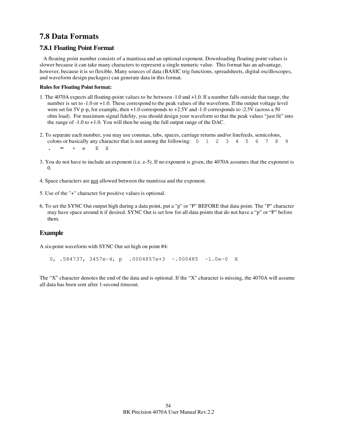 B&K 4070A user manual Data Formats, Floating Point Format, Rules for Floating Point format 