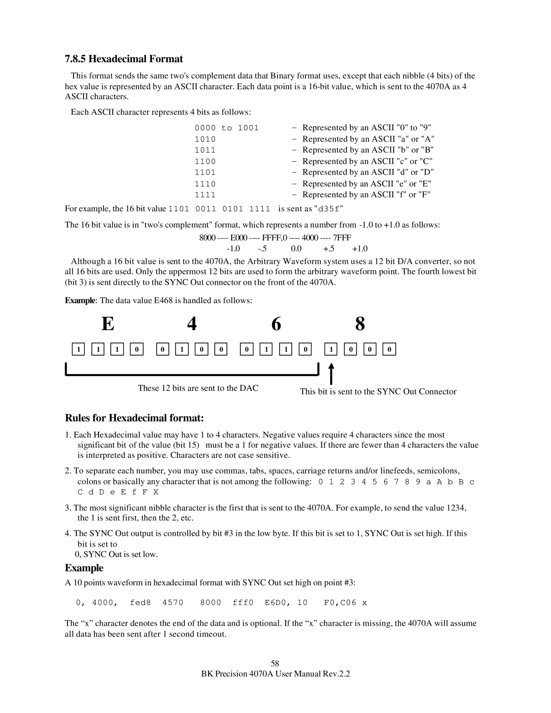 B&K 4070A user manual Hexadecimal Format, Rules for Hexadecimal format, Example The data value E468 is handled as follows 