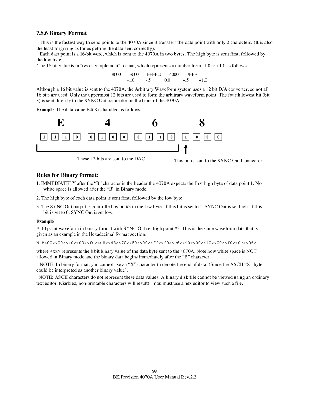 B&K 4070A user manual Binary Format, Rules for Binary format, Example 