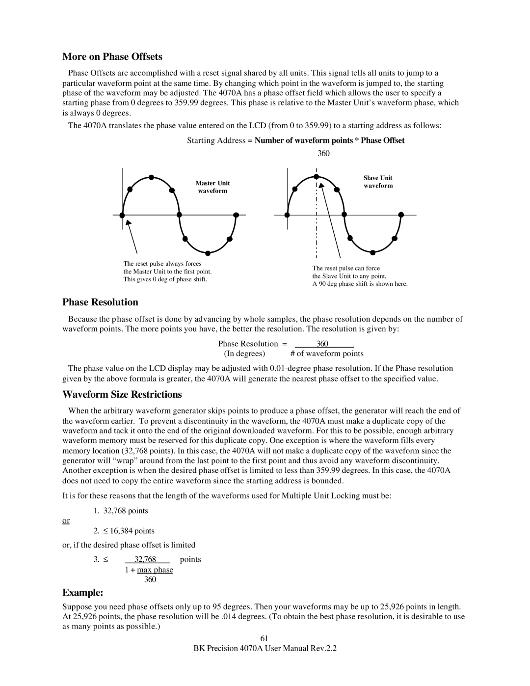 B&K 4070A user manual More on Phase Offsets, Phase Resolution, Waveform Size Restrictions 