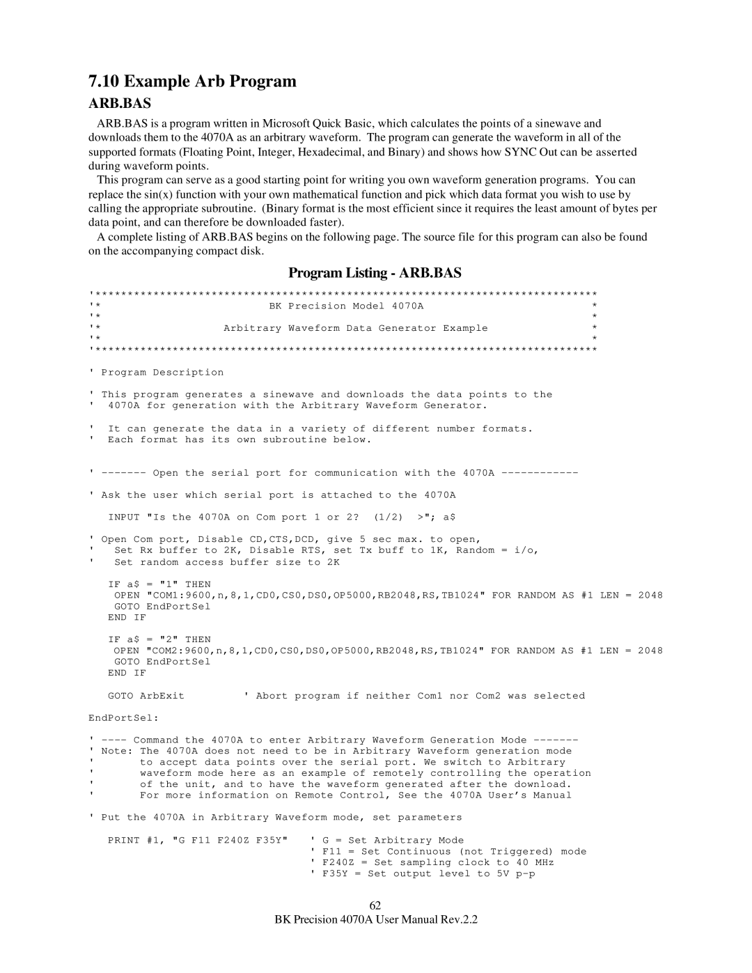 B&K 4070A user manual Example Arb Program, Program Listing ARB.BAS 