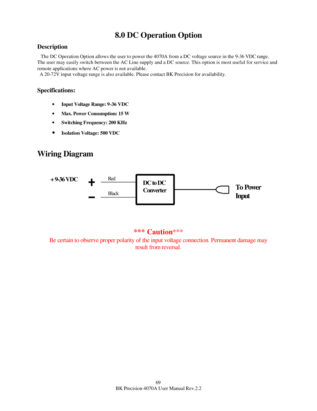 B&K 4070A user manual DC Operation Option, Wiring Diagram 