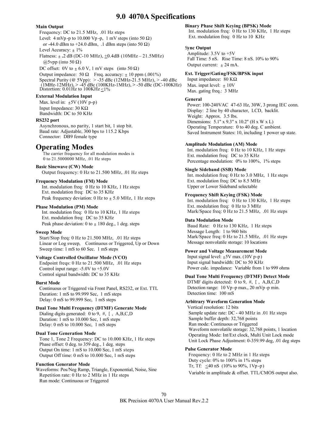 B&K user manual 4070A Specifications, Operating Modes 