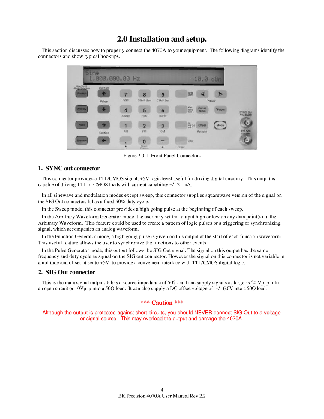 B&K 4070A user manual Installation and setup, Sync out connector, SIG Out connector 