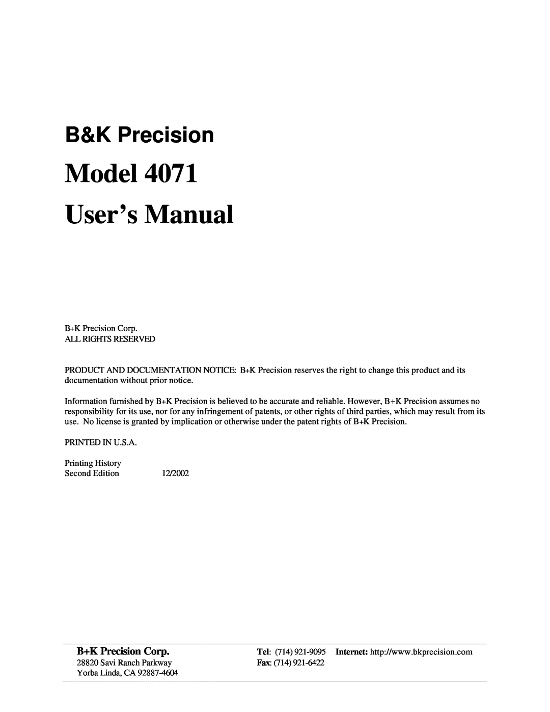 B&K 4071 user manual B&K Precision, B+K Precision Corp, Model User’s Manual 