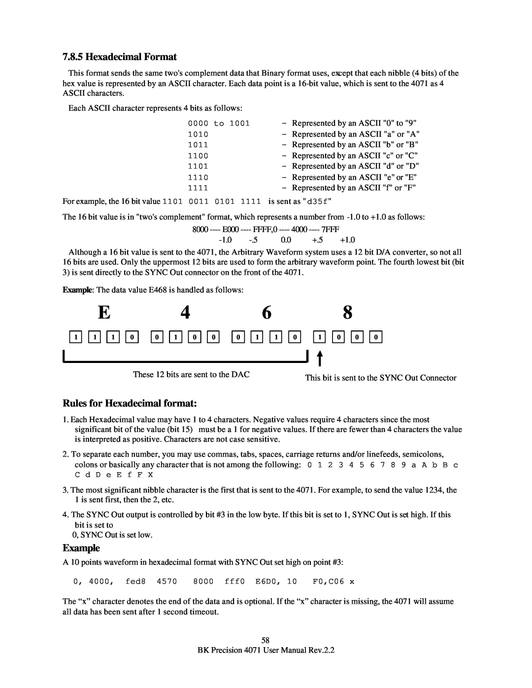 B&K 4071 user manual Hexadecimal Format, Rules for Hexadecimal format, Example 