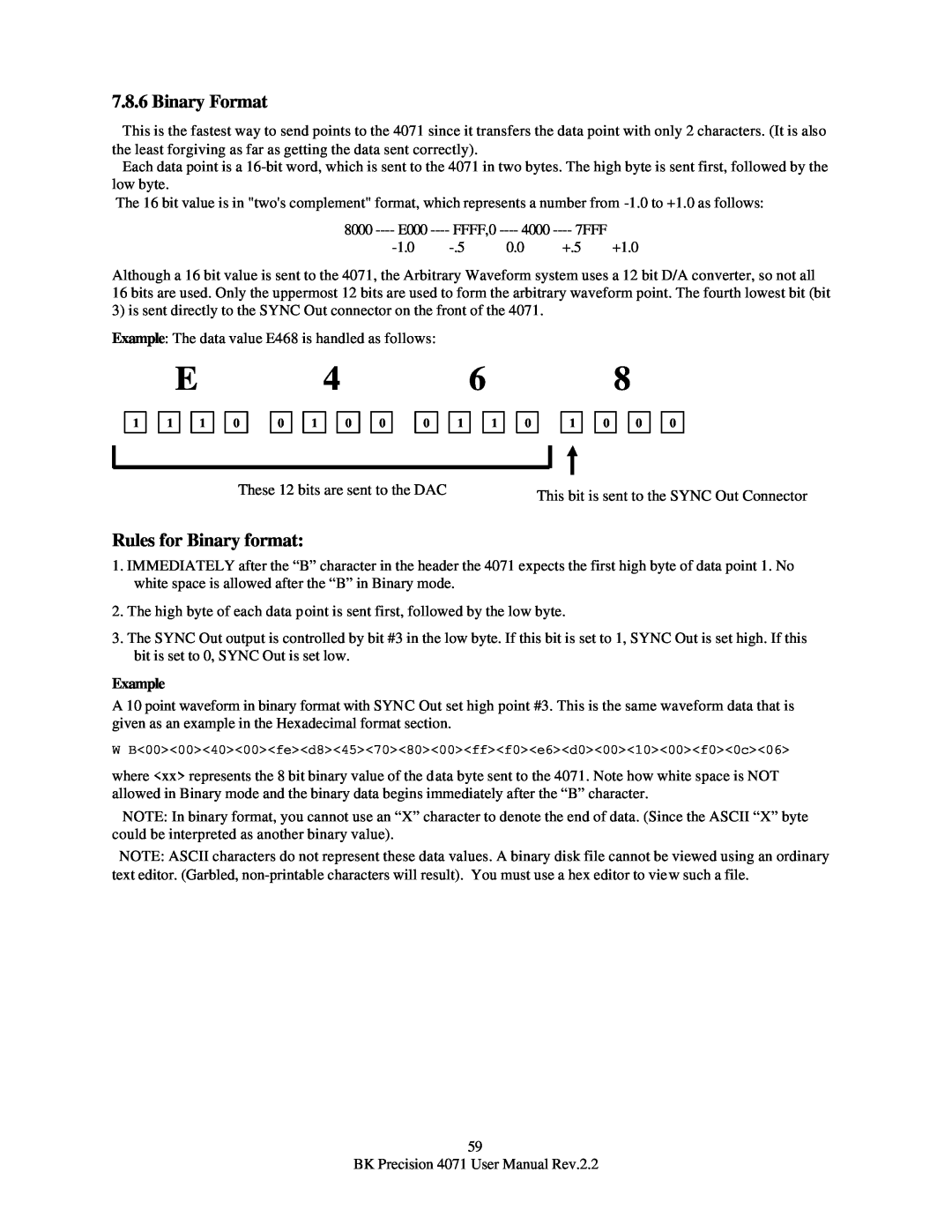 B&K 4071 user manual Binary Format, Rules for Binary format, Example 