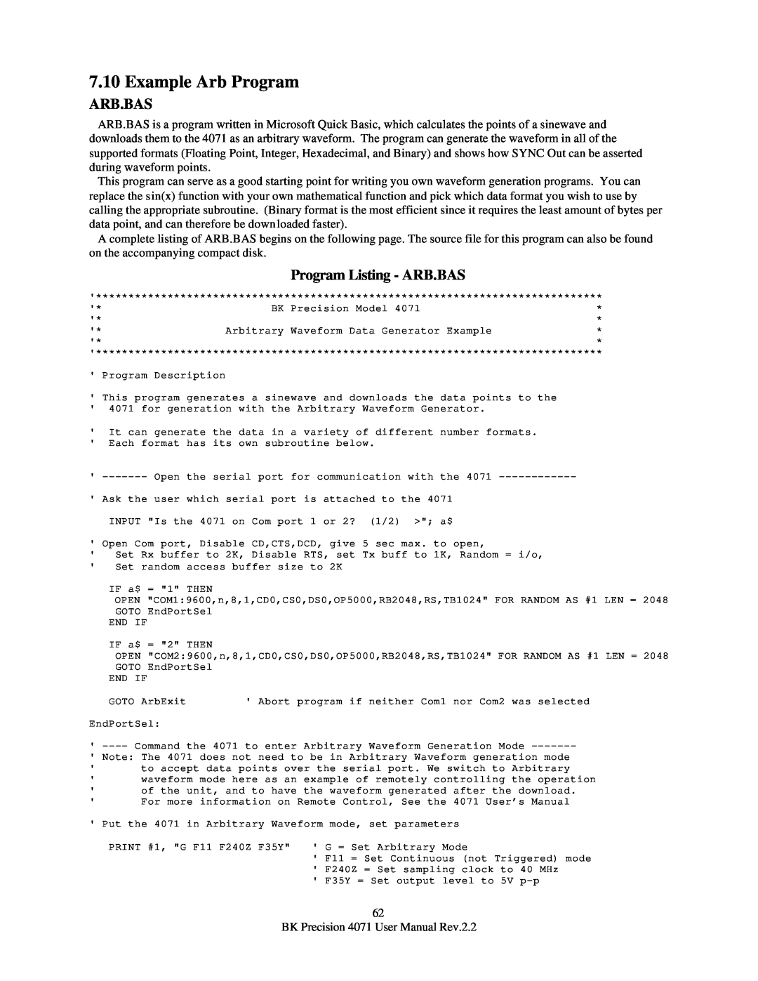 B&K 4071 user manual Example Arb Program, Arb.Bas, Program Listing - ARB.BAS 