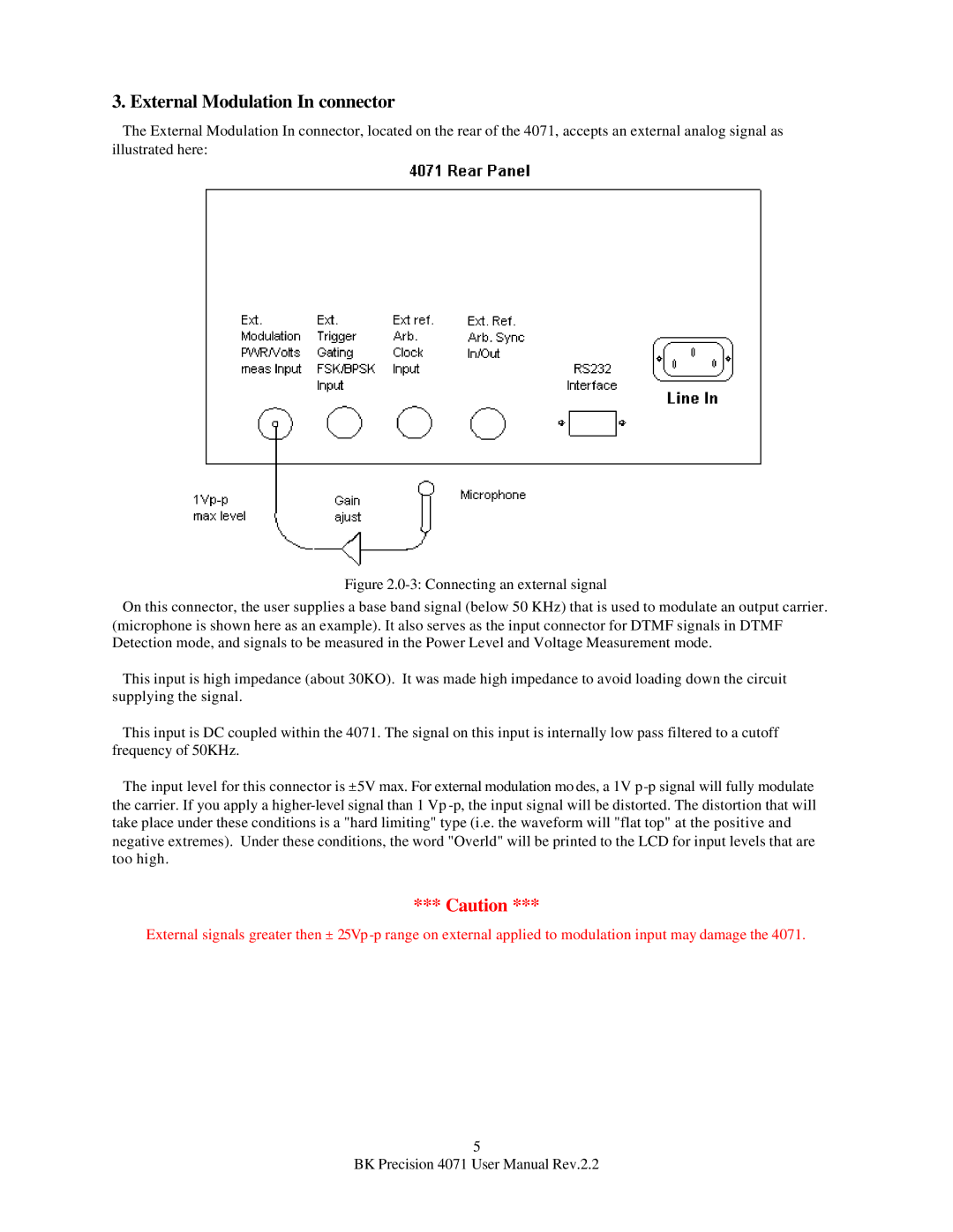 B&K 4071 user manual External Modulation In connector 