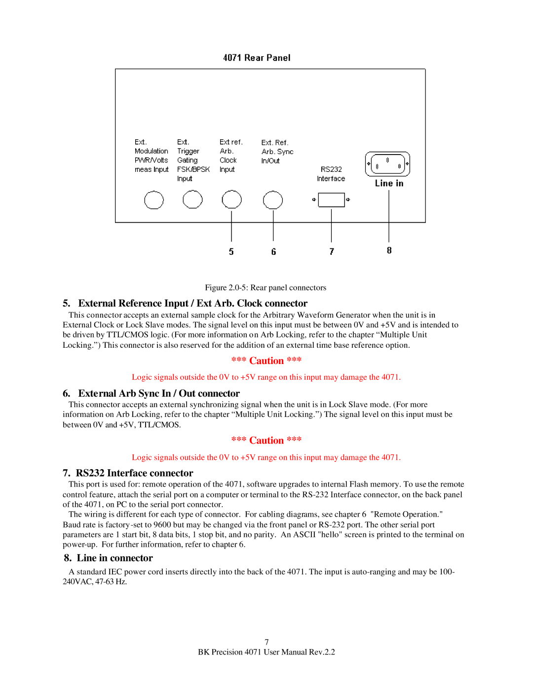 B&K 4071 External Reference Input / Ext Arb. Clock connector, External Arb Sync In / Out connector, Line in connector 