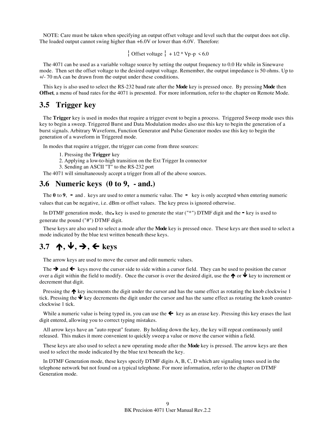 B&K 4071 user manual Trigger key, Numeric keys 0 to 9, É, ê, è, ç keys 