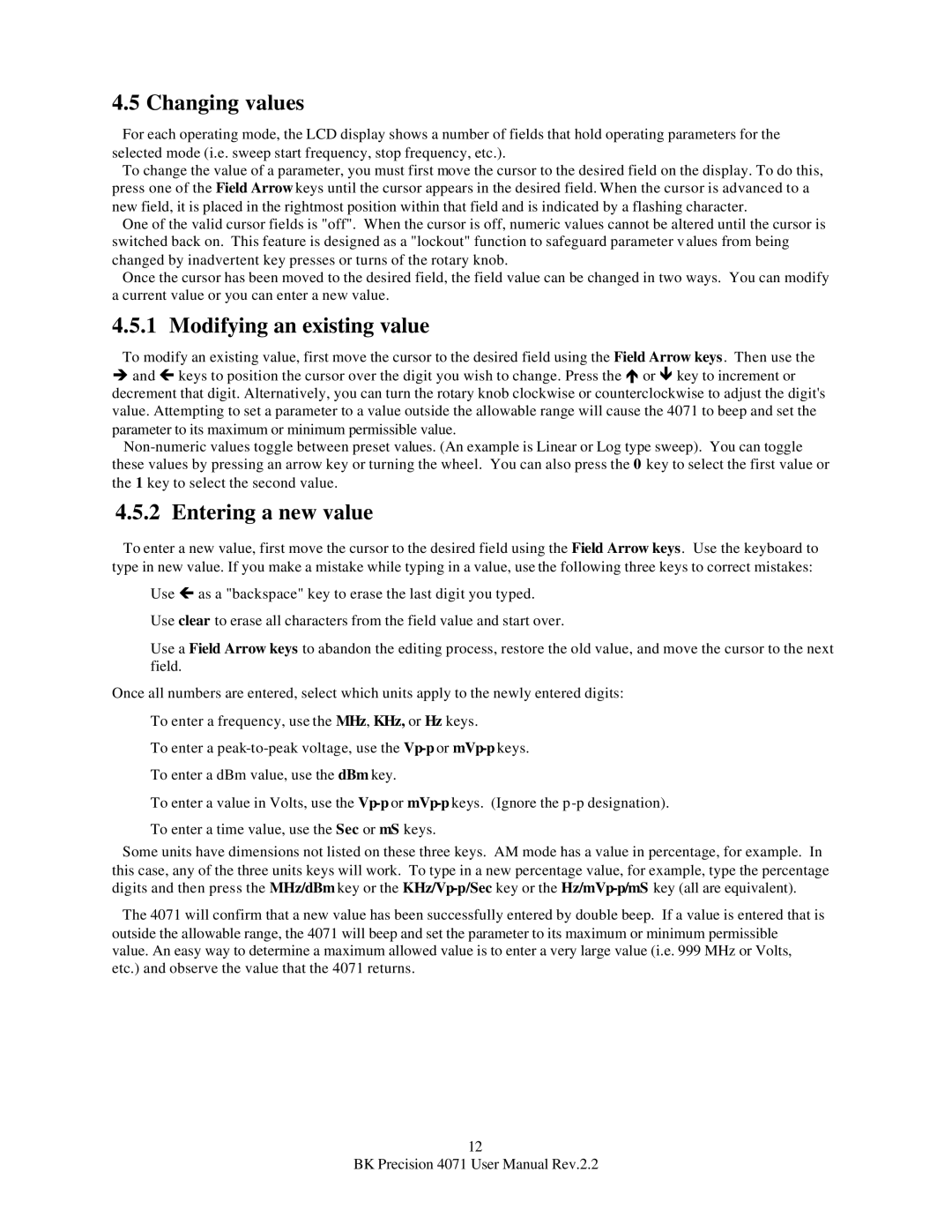 B&K 4071 user manual Changing values, Modifying an existing value, Entering a new value 