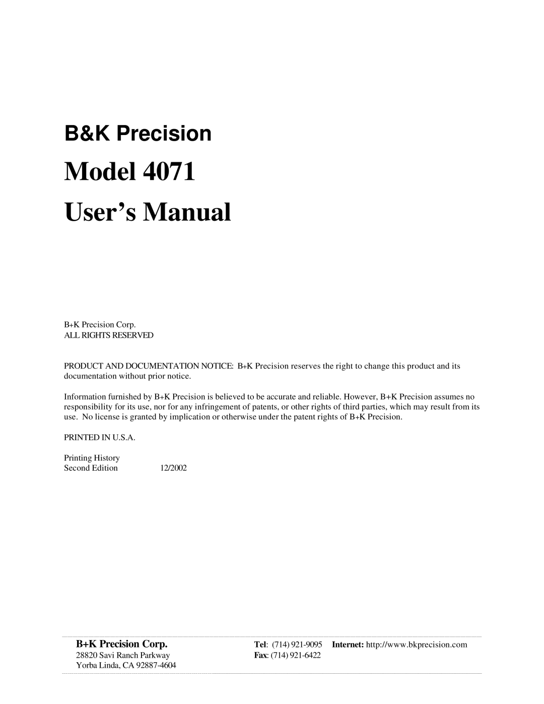 B&K 4071 user manual Model User’s Manual, +K Precision Corp 