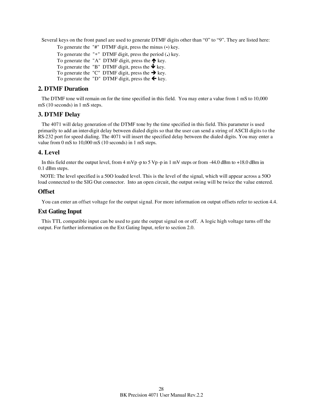 B&K 4071 user manual Dtmf Duration, Dtmf Delay 