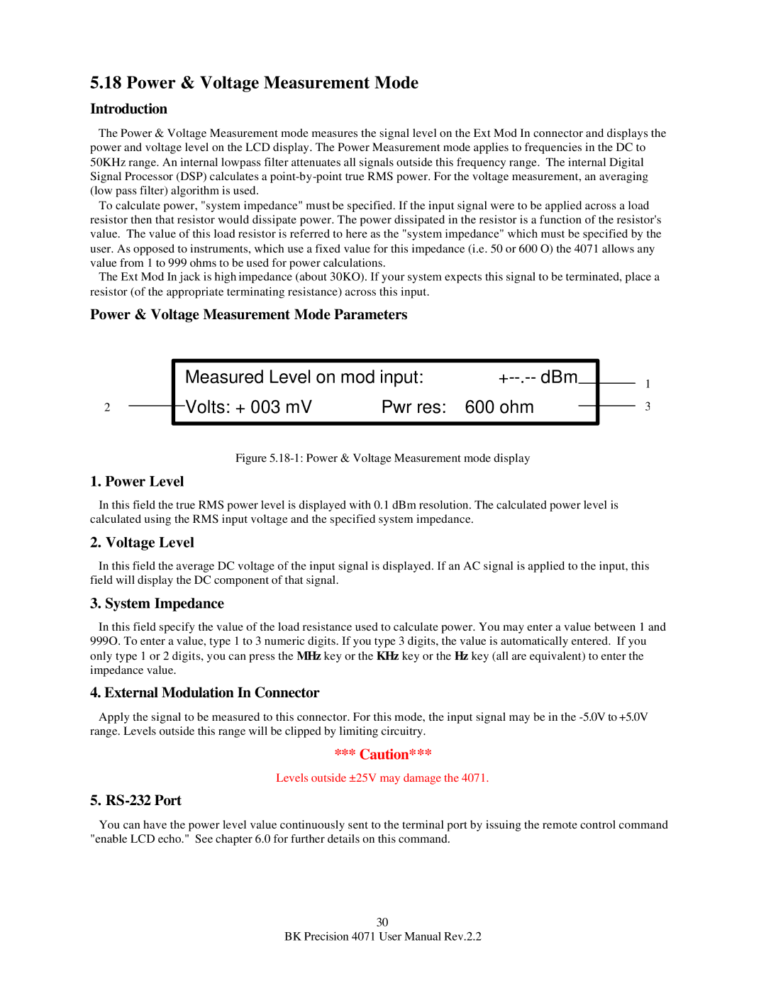 B&K 4071 user manual Power & Voltage Measurement Mode Parameters, Power Level, Voltage Level, System Impedance 