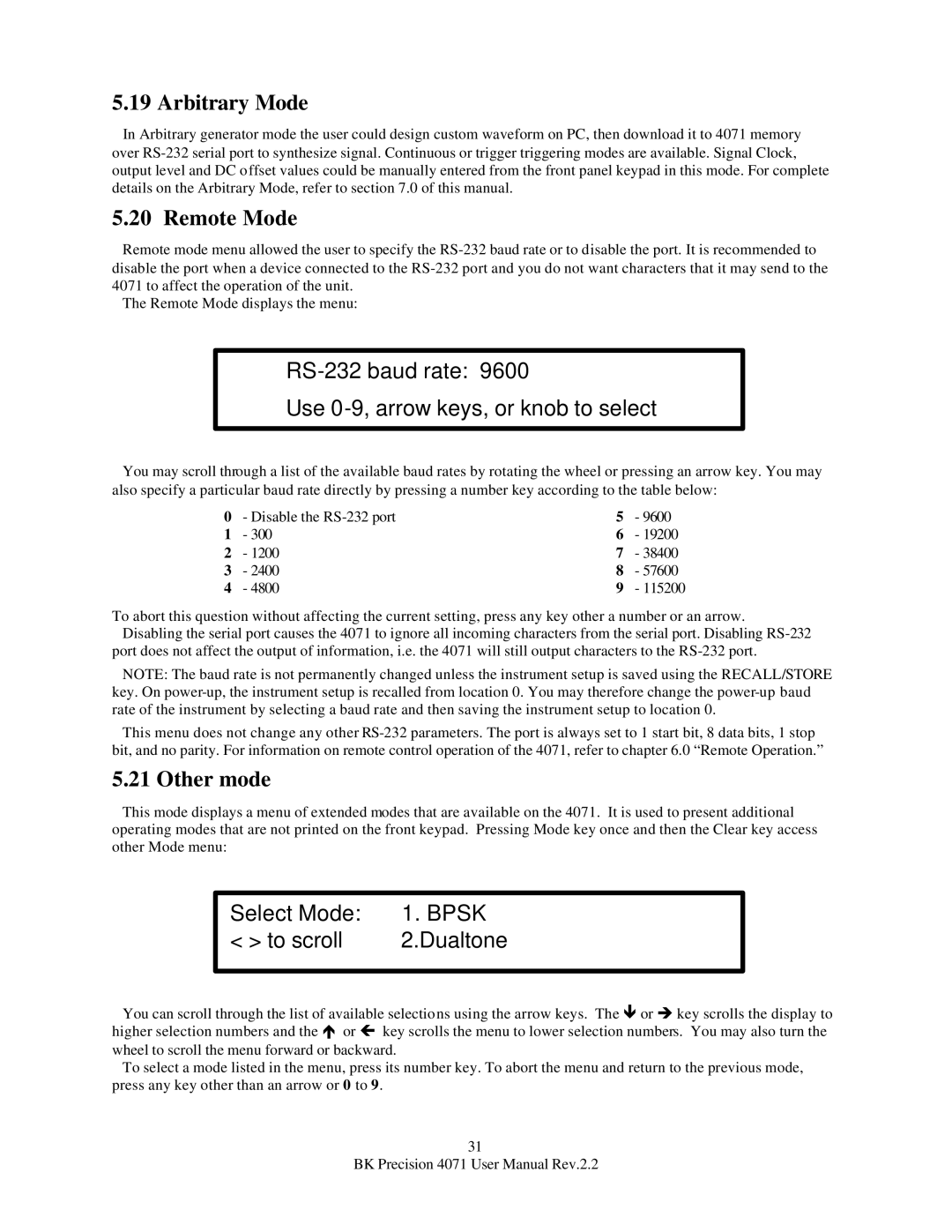 B&K 4071 user manual Arbitrary Mode, Remote Mode, Other mode 