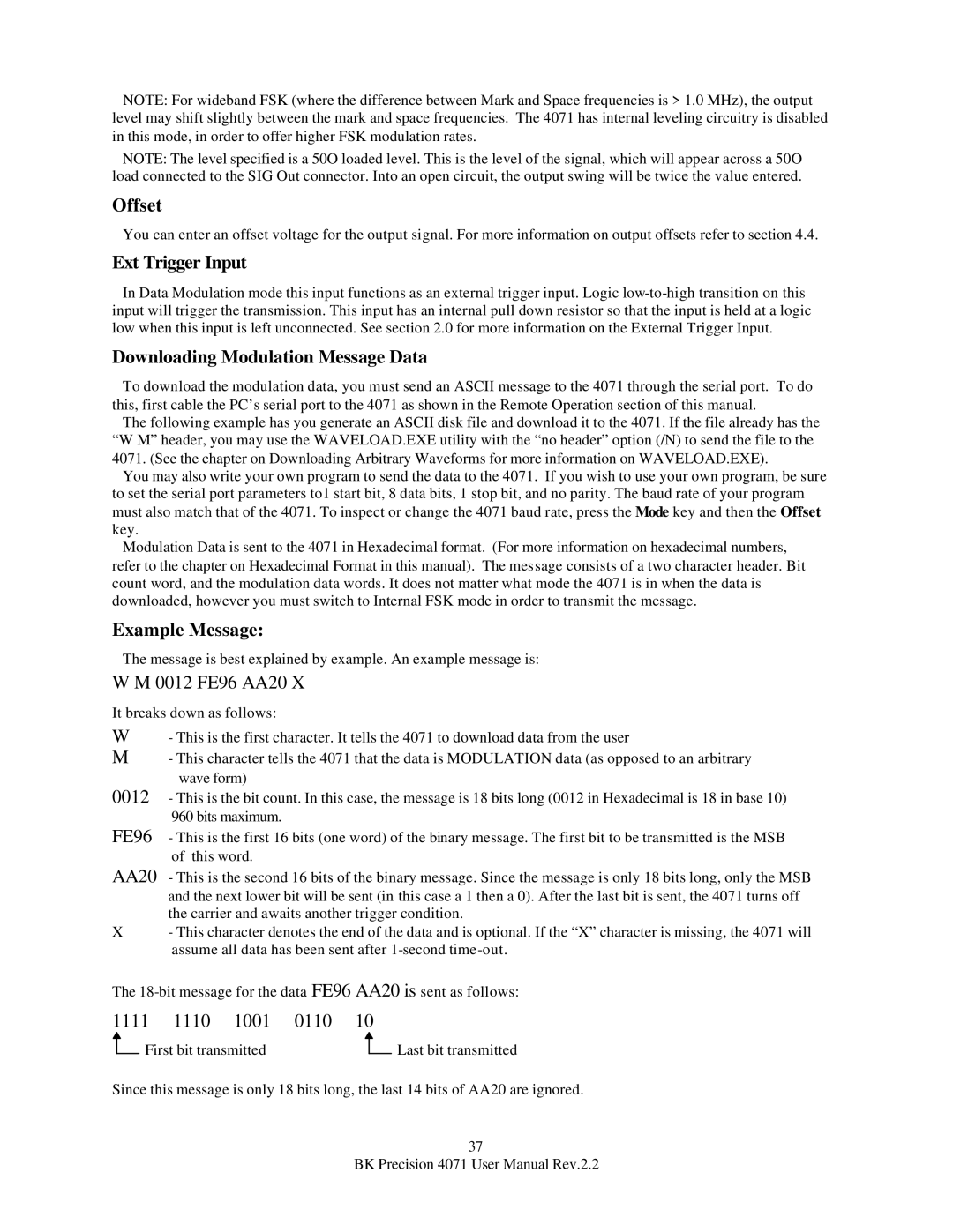 B&K 4071 user manual Downloading Modulation Message Data, Example Message 