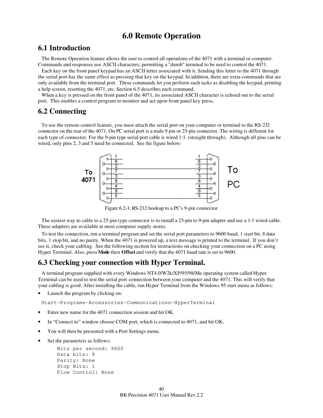 B&K 4071 user manual Remote Operation, Connecting, Checking your connection with Hyper Terminal 