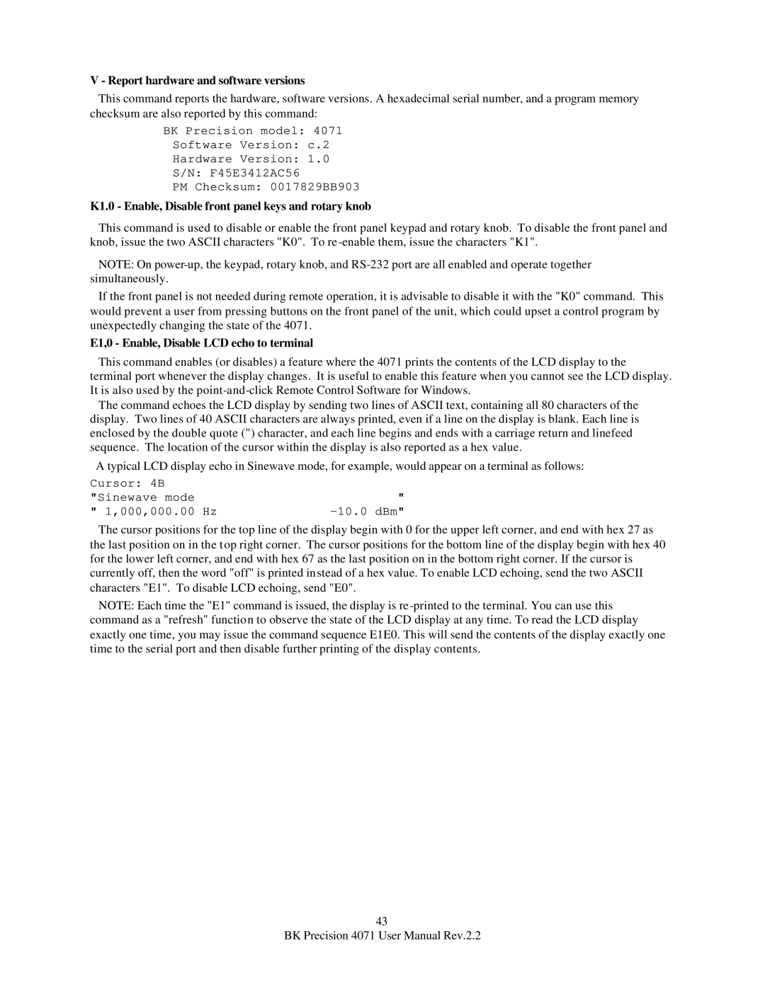 B&K 4071 user manual Report hardware and software versions, K1.0 Enable, Disable front panel keys and rotary knob 