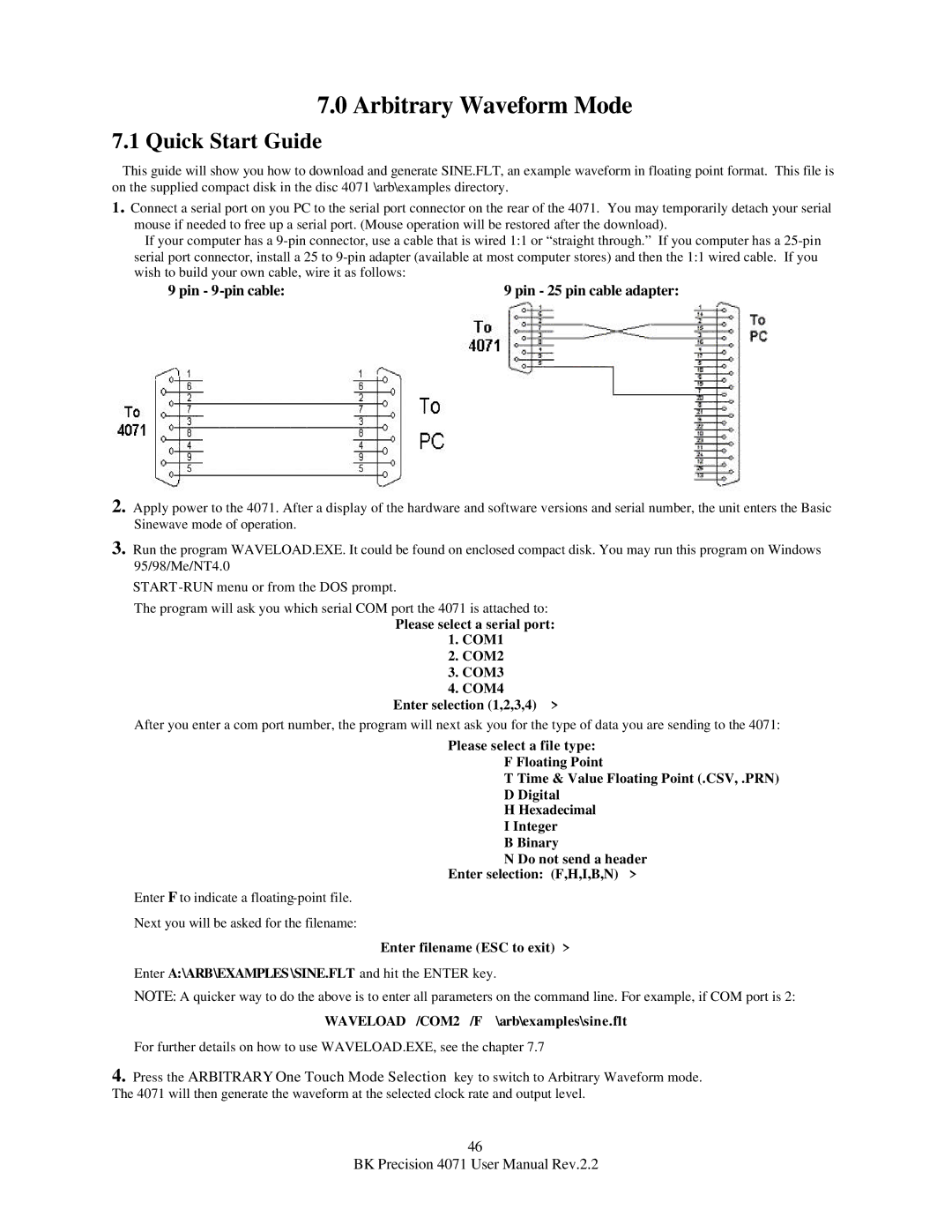 B&K 4071 user manual Arbitrary Waveform Mode, Quick Start Guide, Pin 9-pin cable Pin 25 pin cable adapter 