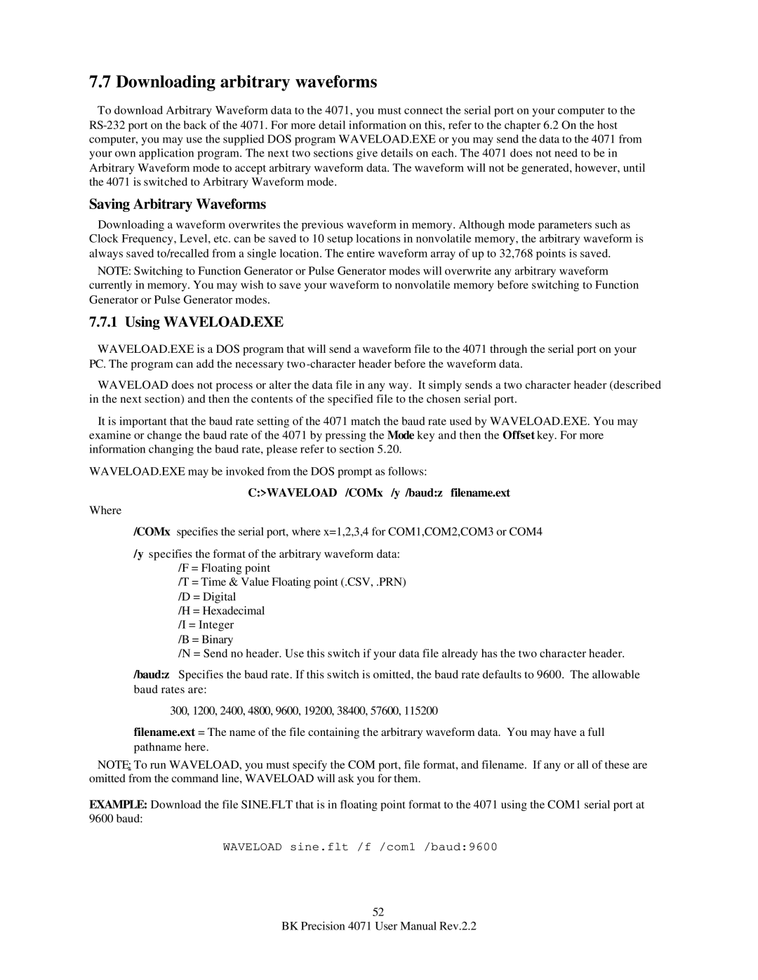 B&K 4071 user manual Downloading arbitrary waveforms, Saving Arbitrary Waveforms, Using WAVELOAD.EXE 