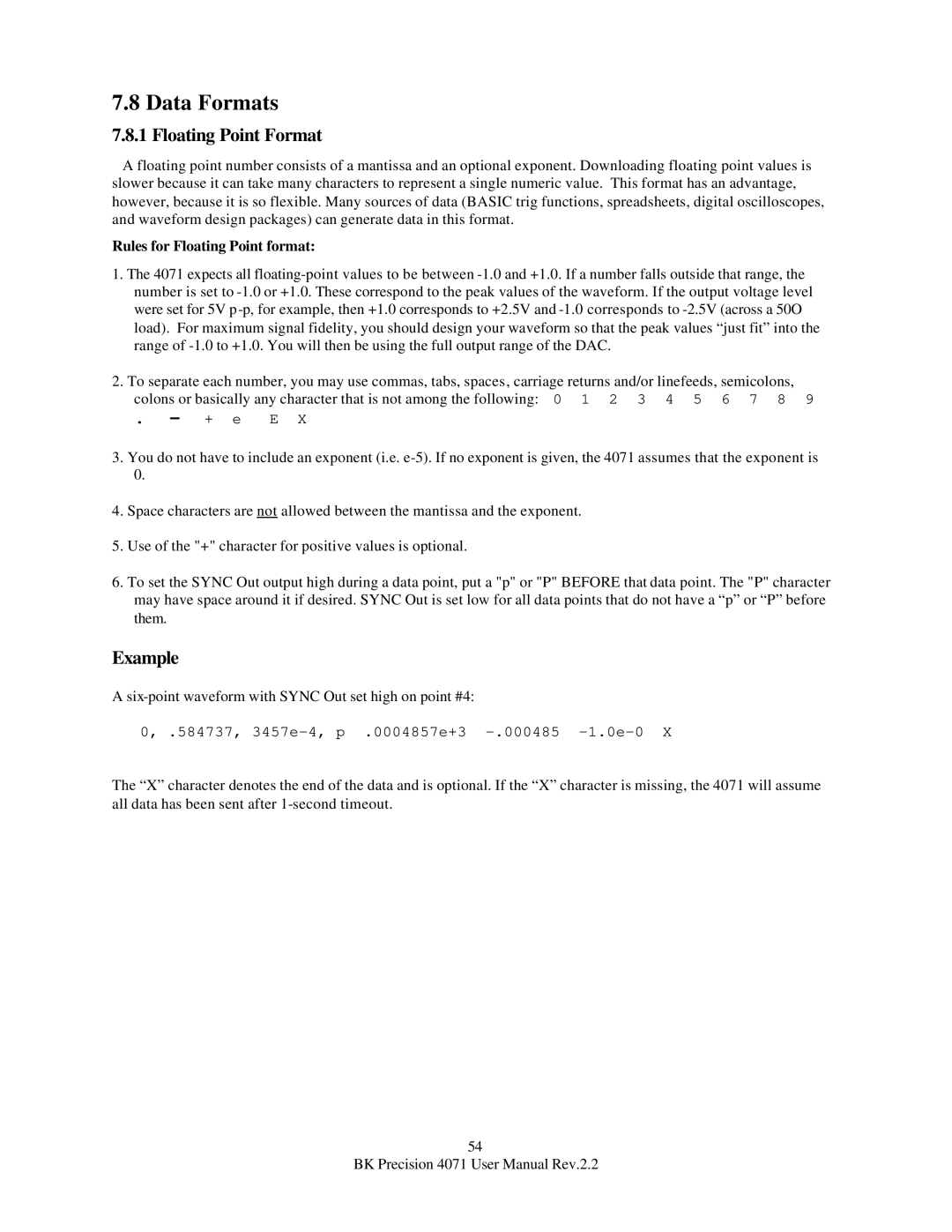 B&K 4071 user manual Data Formats, Floating Point Format, Rules for Floating Point format 