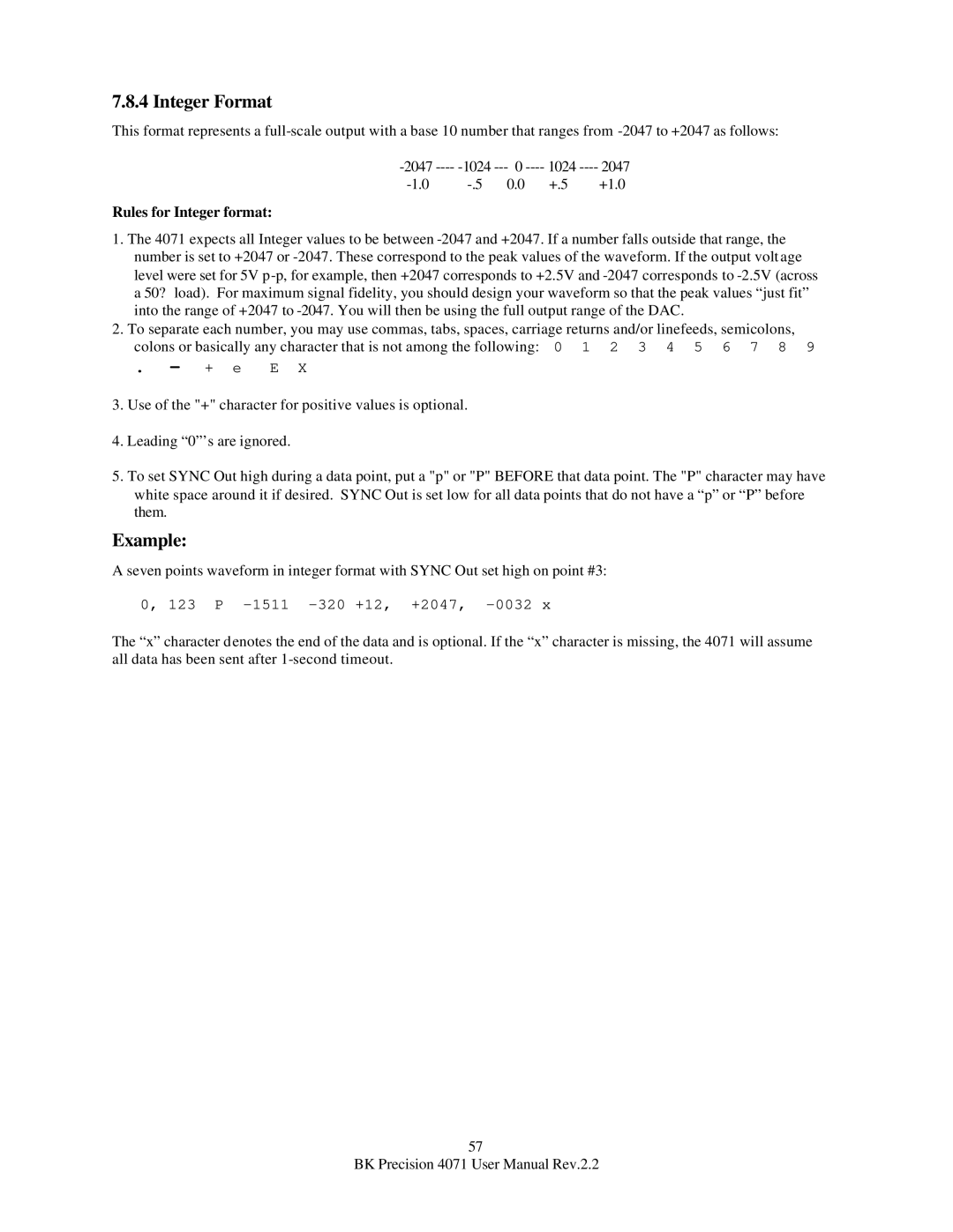 B&K 4071 user manual Integer Format, Rules for Integer format 