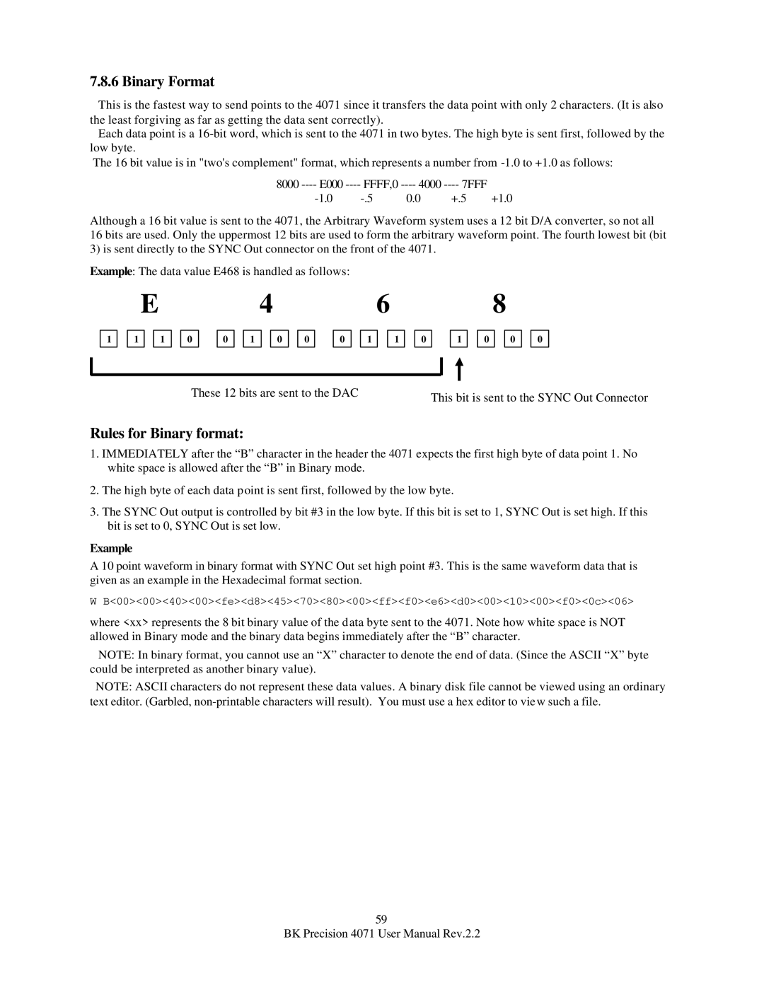 B&K 4071 user manual Binary Format, Rules for Binary format, Example 