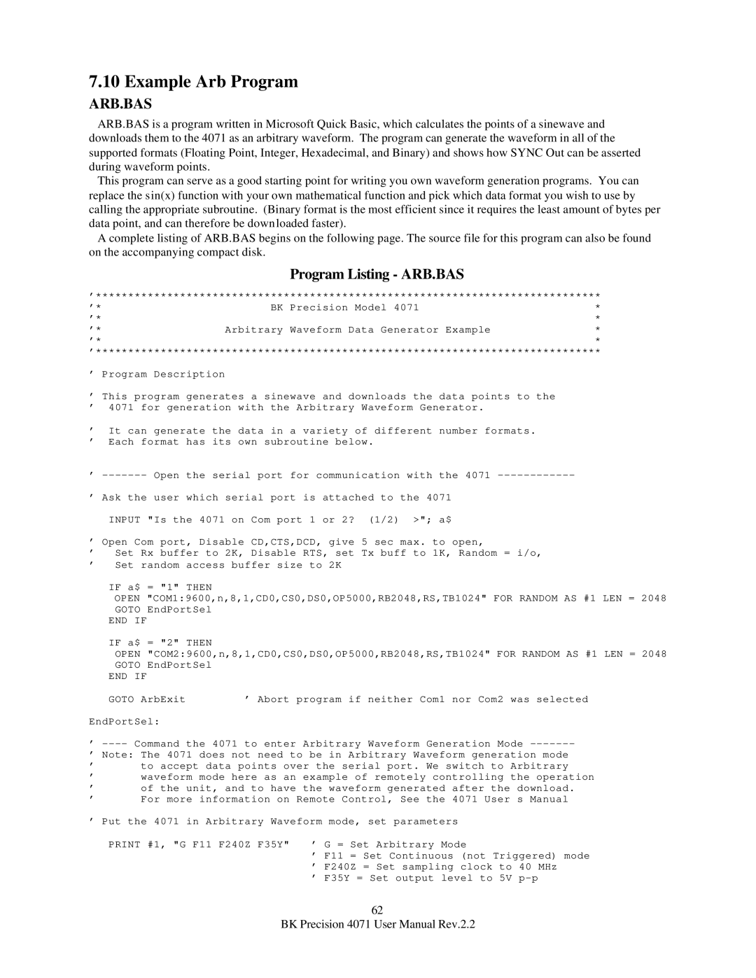 B&K 4071 user manual Example Arb Program, Program Listing ARB.BAS 