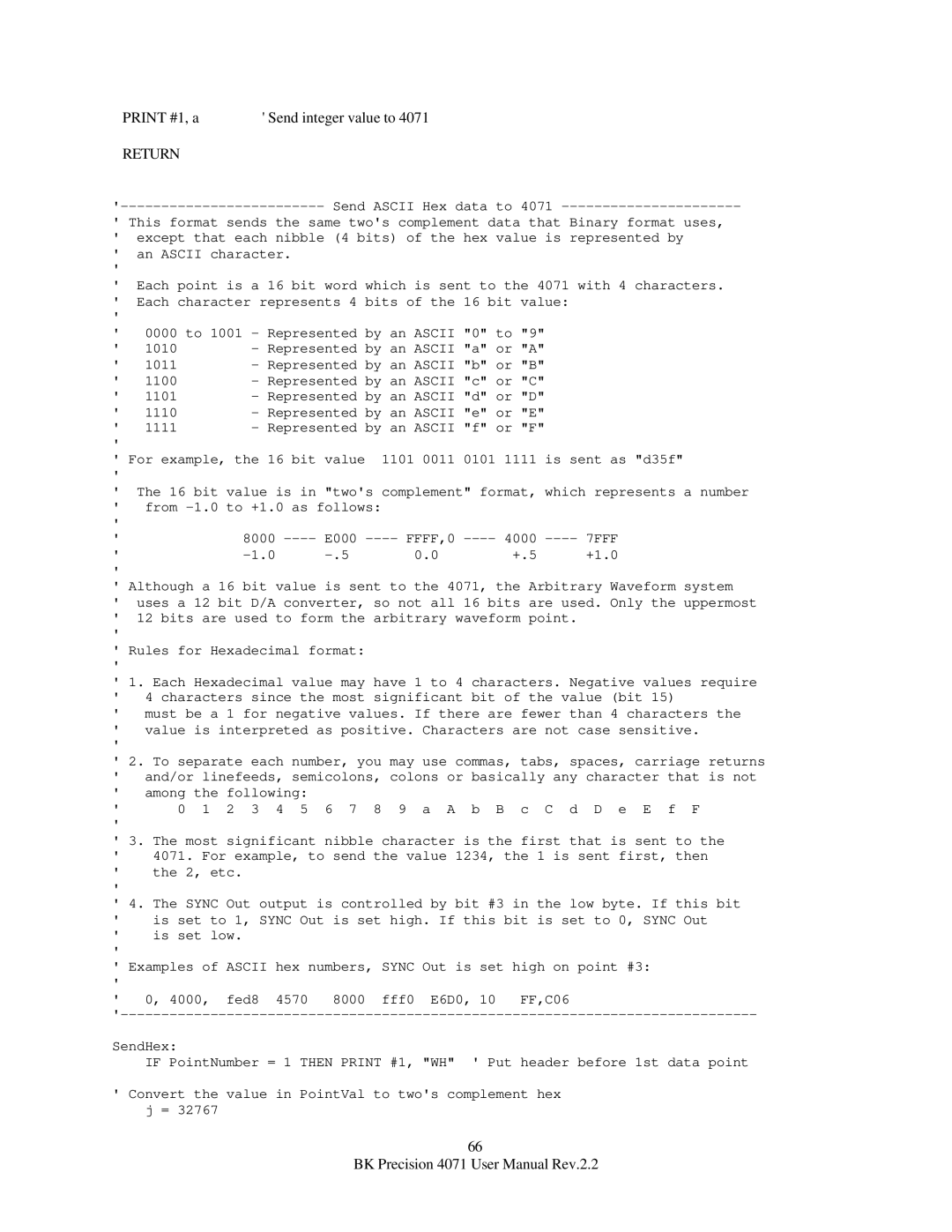 B&K 4071 user manual Print #1, a Send integer value to 