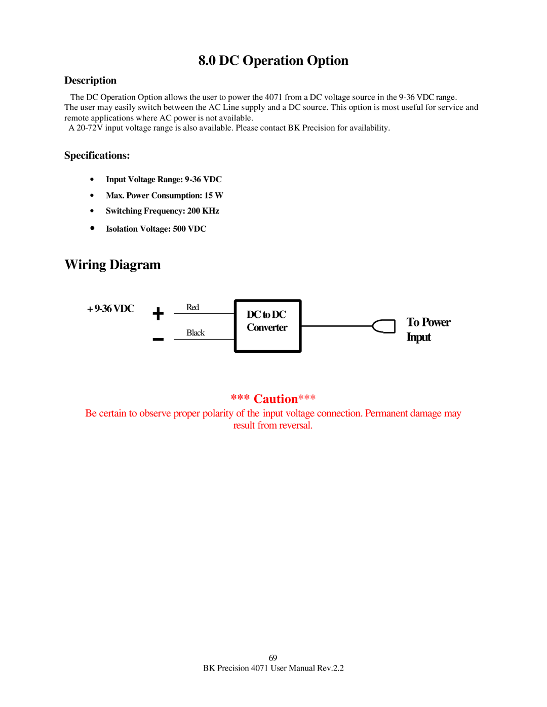 B&K 4071 user manual DC Operation Option, Wiring Diagram 