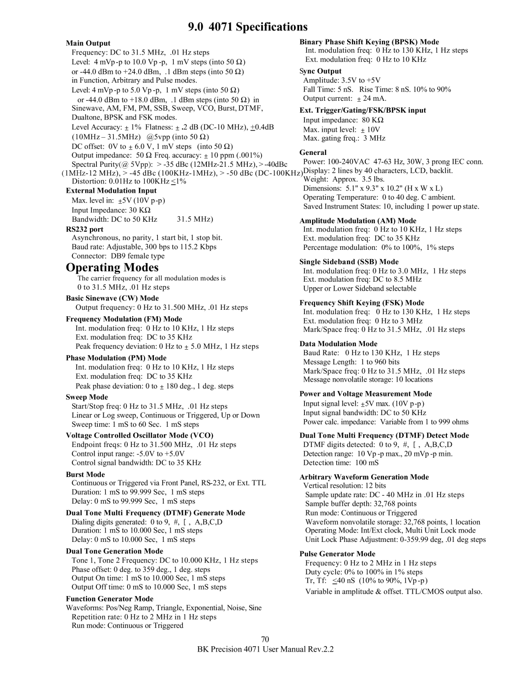 B&K 4071 user manual Specifications, Operating Modes 