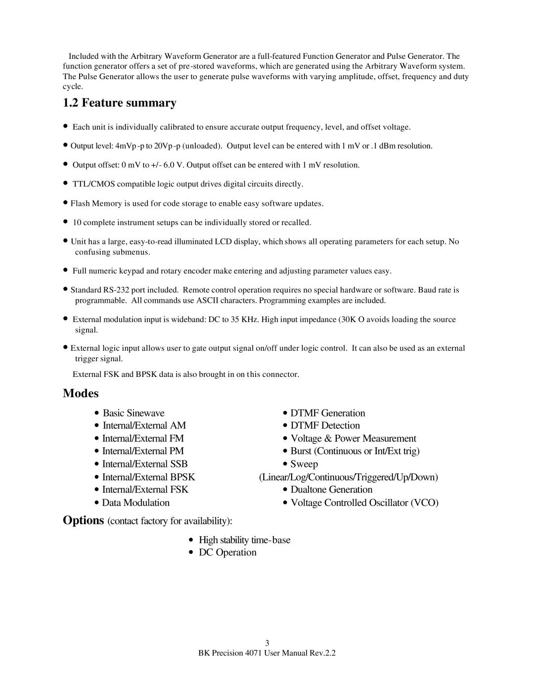 B&K 4071 user manual Feature summary, Modes 