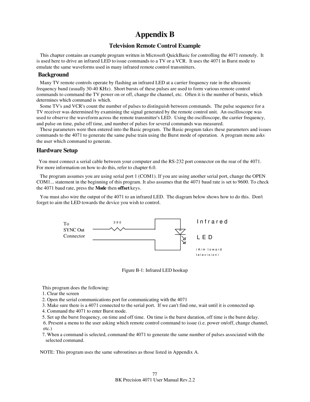 B&K 4071 user manual Appendix B, Television Remote Control Example 