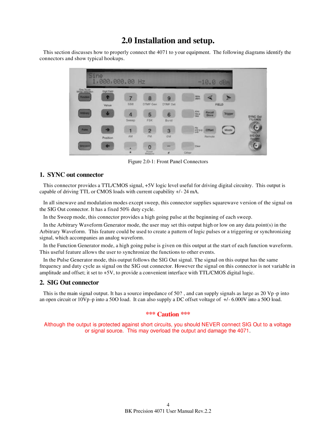 B&K 4071 user manual Installation and setup, Sync out connector, SIG Out connector 