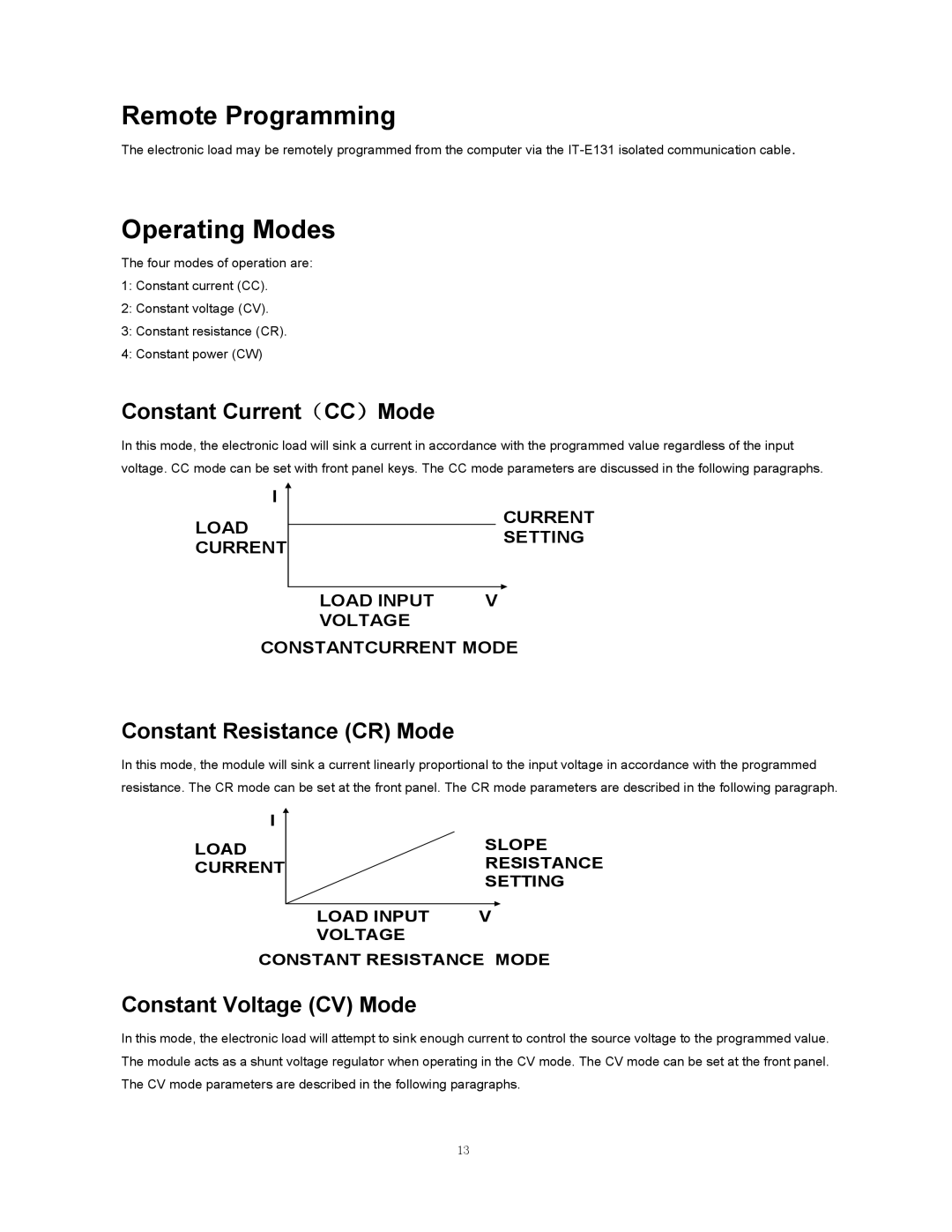 B&K 8510 instruction manual Remote Programming, Operating Modes, Constant Current（CC）Mode, Constant Resistance CR Mode 