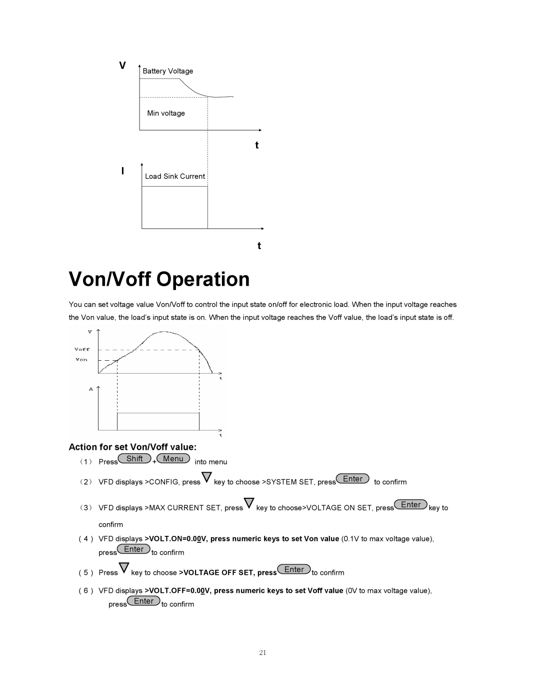 B&K 8510 instruction manual Von/Voff Operation, Action for set Von/Voff value 