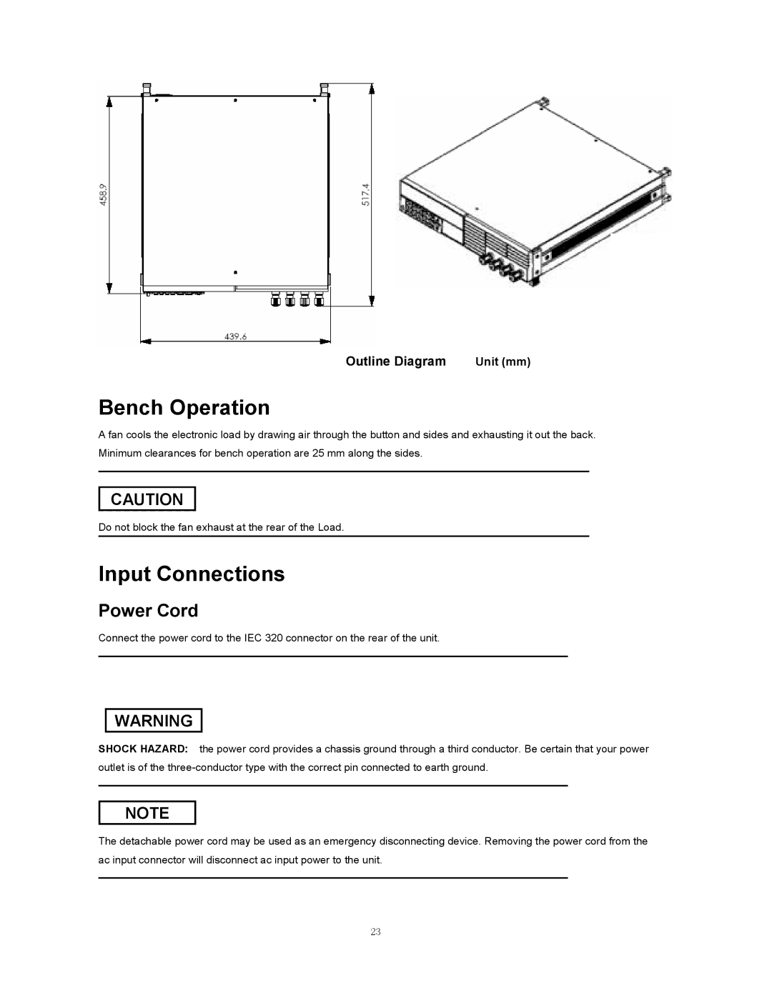 B&K 8510 instruction manual Bench Operation, Input Connections, Power Cord, Outline Diagram 