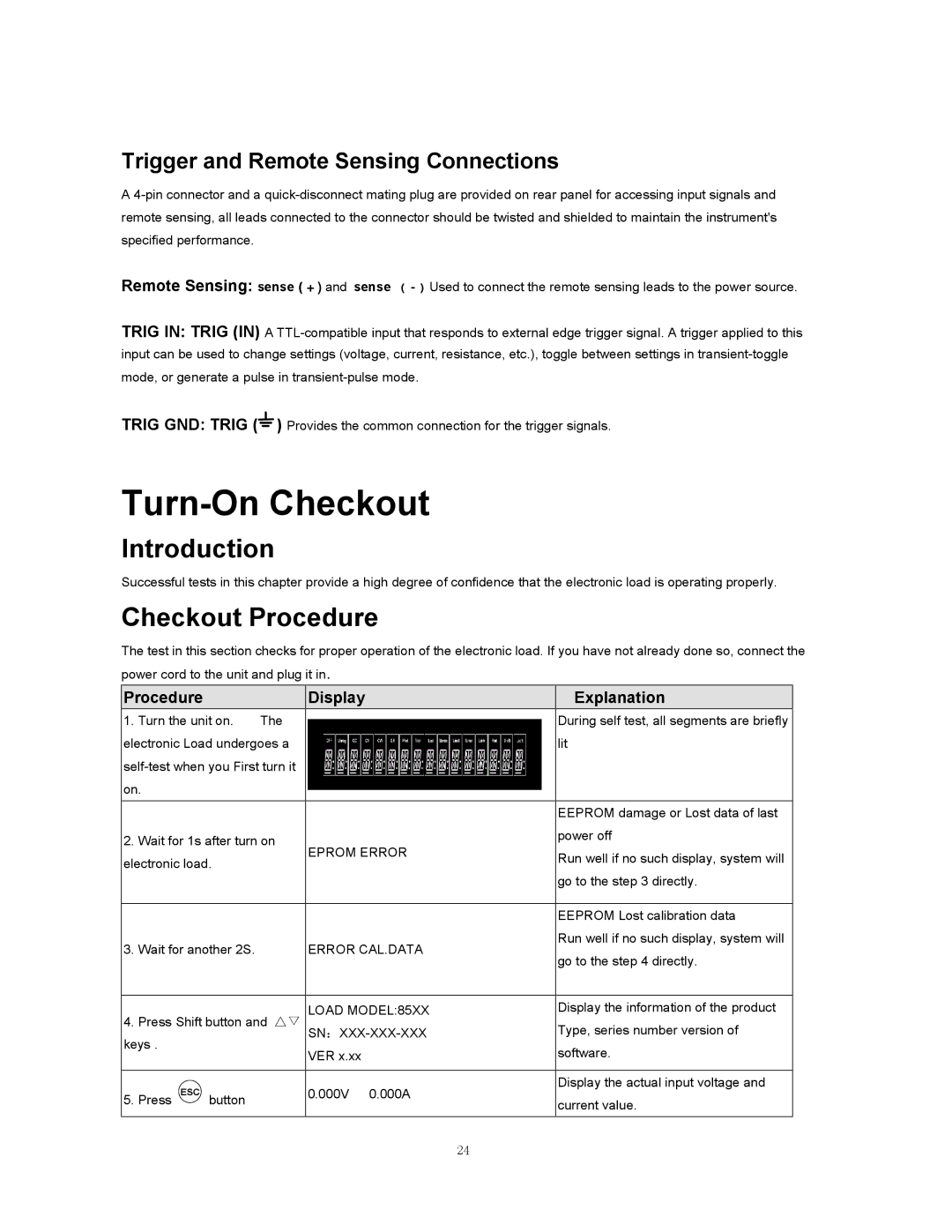 B&K 8510 Turn-On Checkout, Introduction, Checkout Procedure, Trigger and Remote Sensing Connections, Display Explanation 