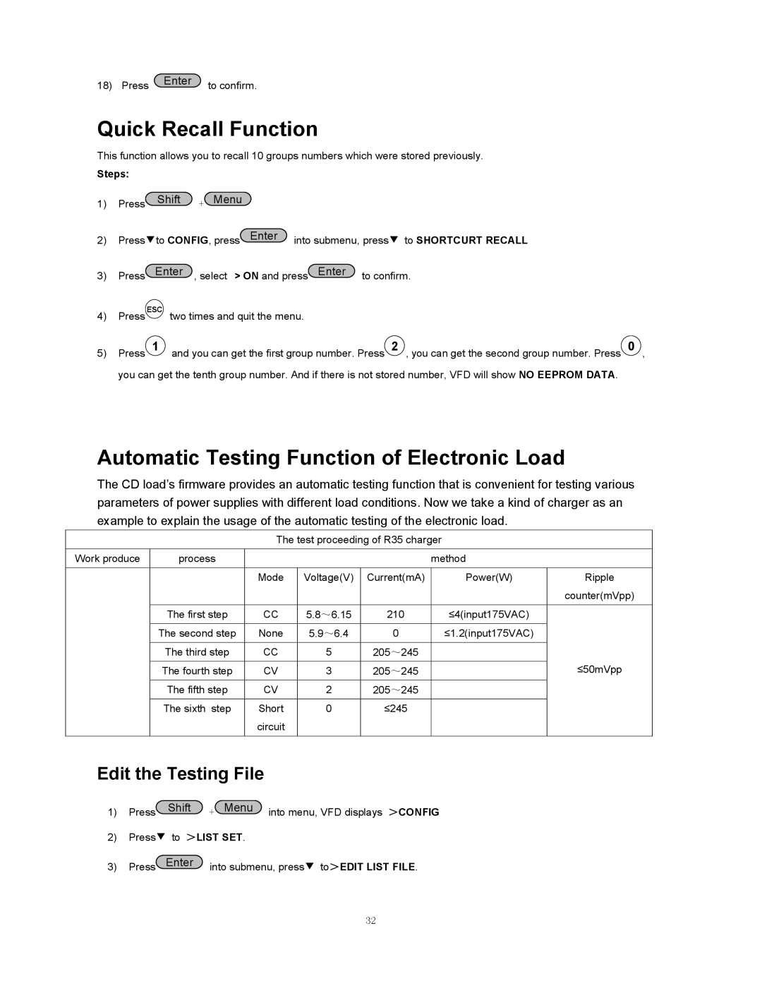 B&K 8510 instruction manual Quick Recall Function, Automatic Testing Function of Electronic Load, Edit the Testing File 