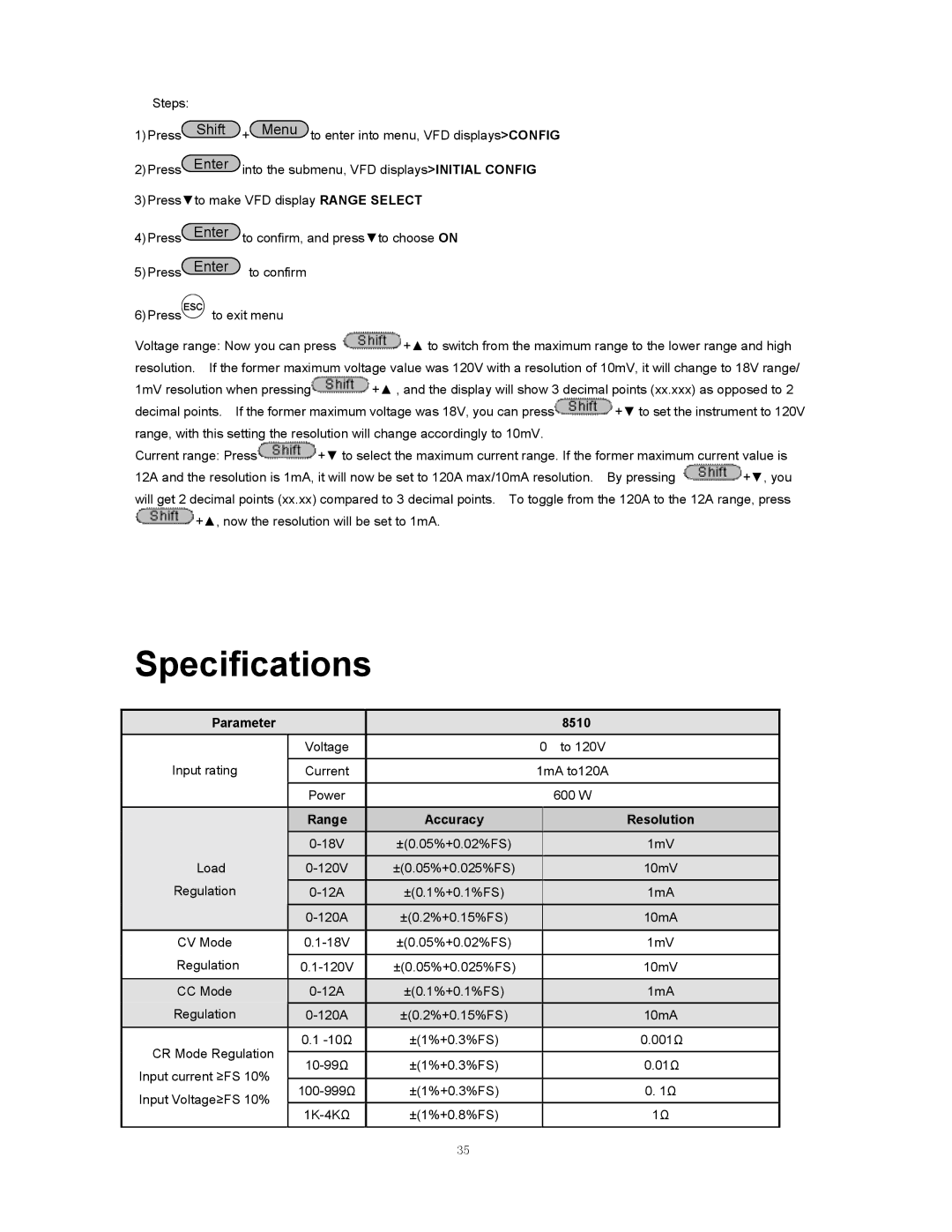 B&K 8510 instruction manual Specifications, Range Accuracy Resolution 