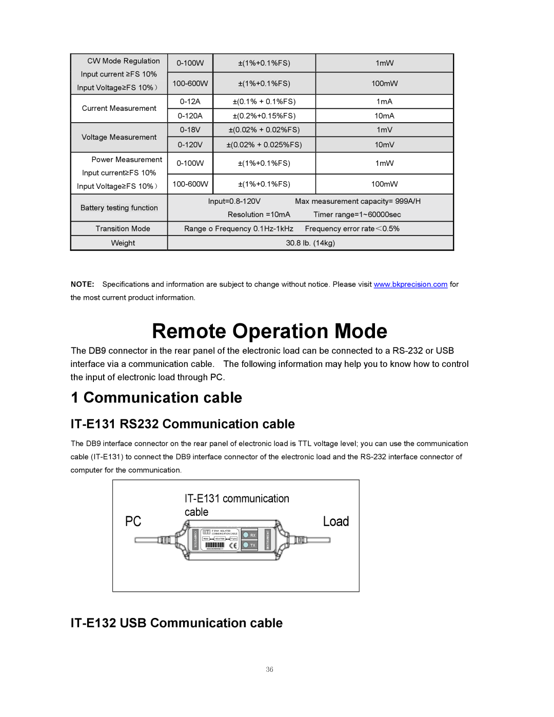 B&K 8510 instruction manual Remote Operation Mode, IT-E131 RS232 Communication cable, IT-E132 USB Communication cable 