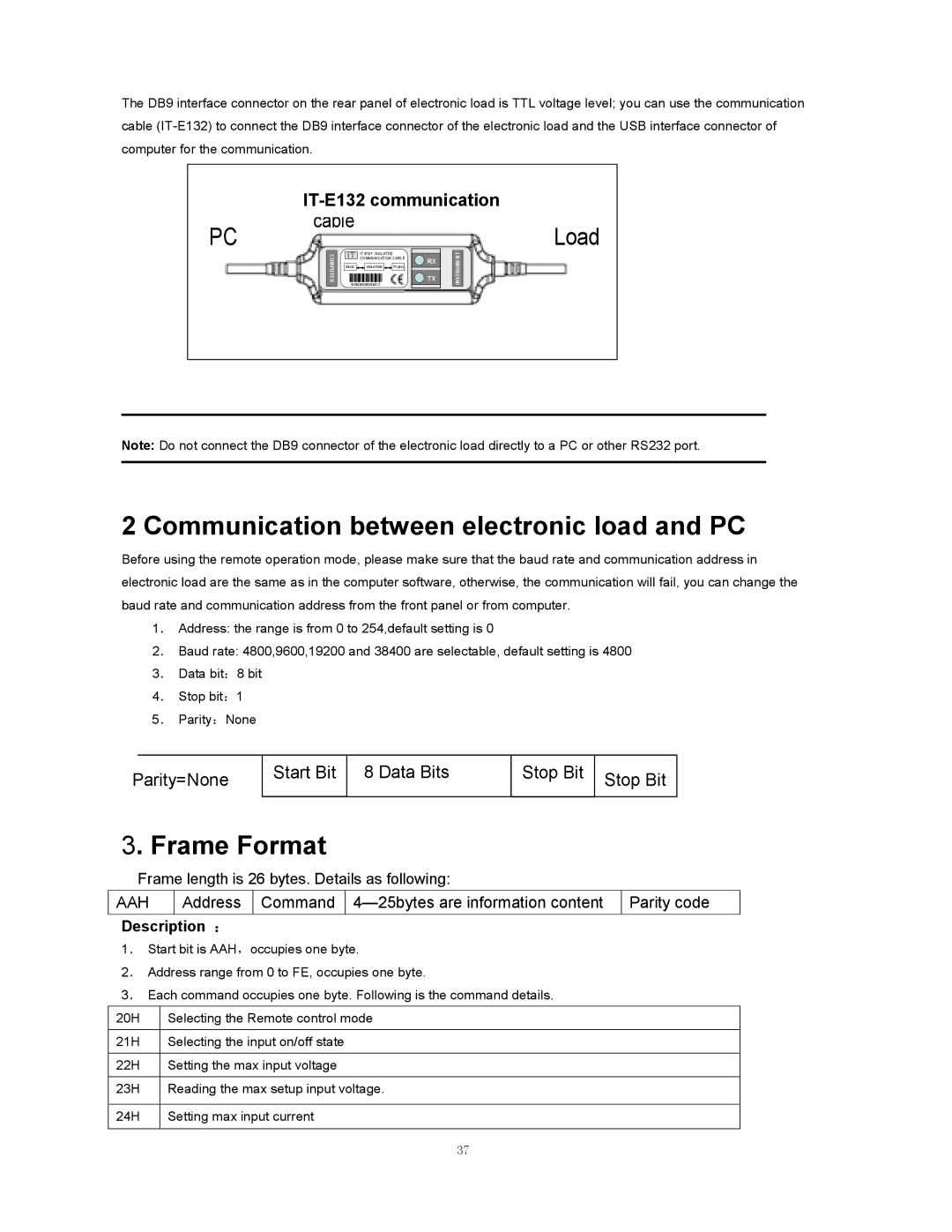 B&K 8510 instruction manual Communication between electronic load and PC, Frame Format, IT-E132 communication 