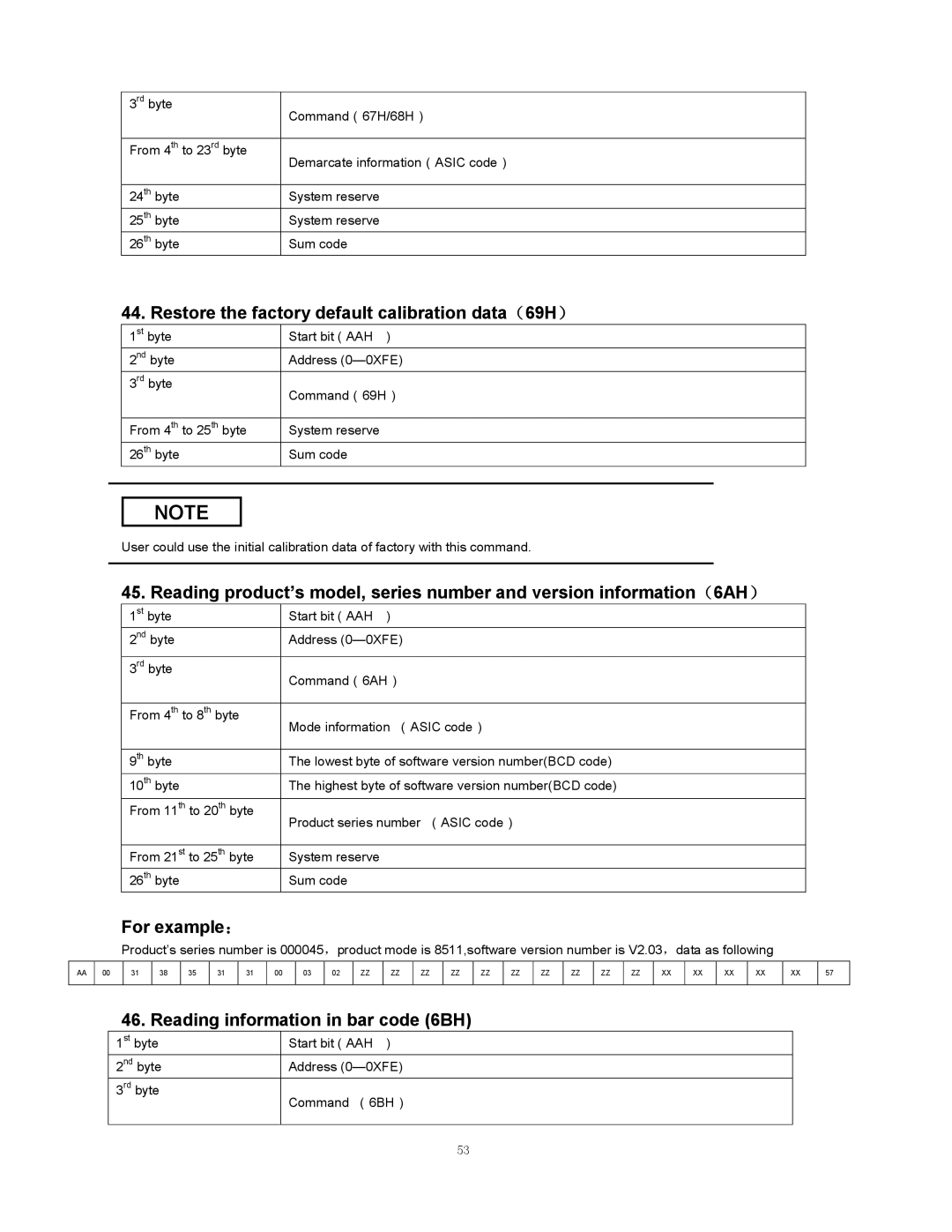 B&K 8510 Restore the factory default calibration data（69H）, For example：, Reading information in bar code 6BH 