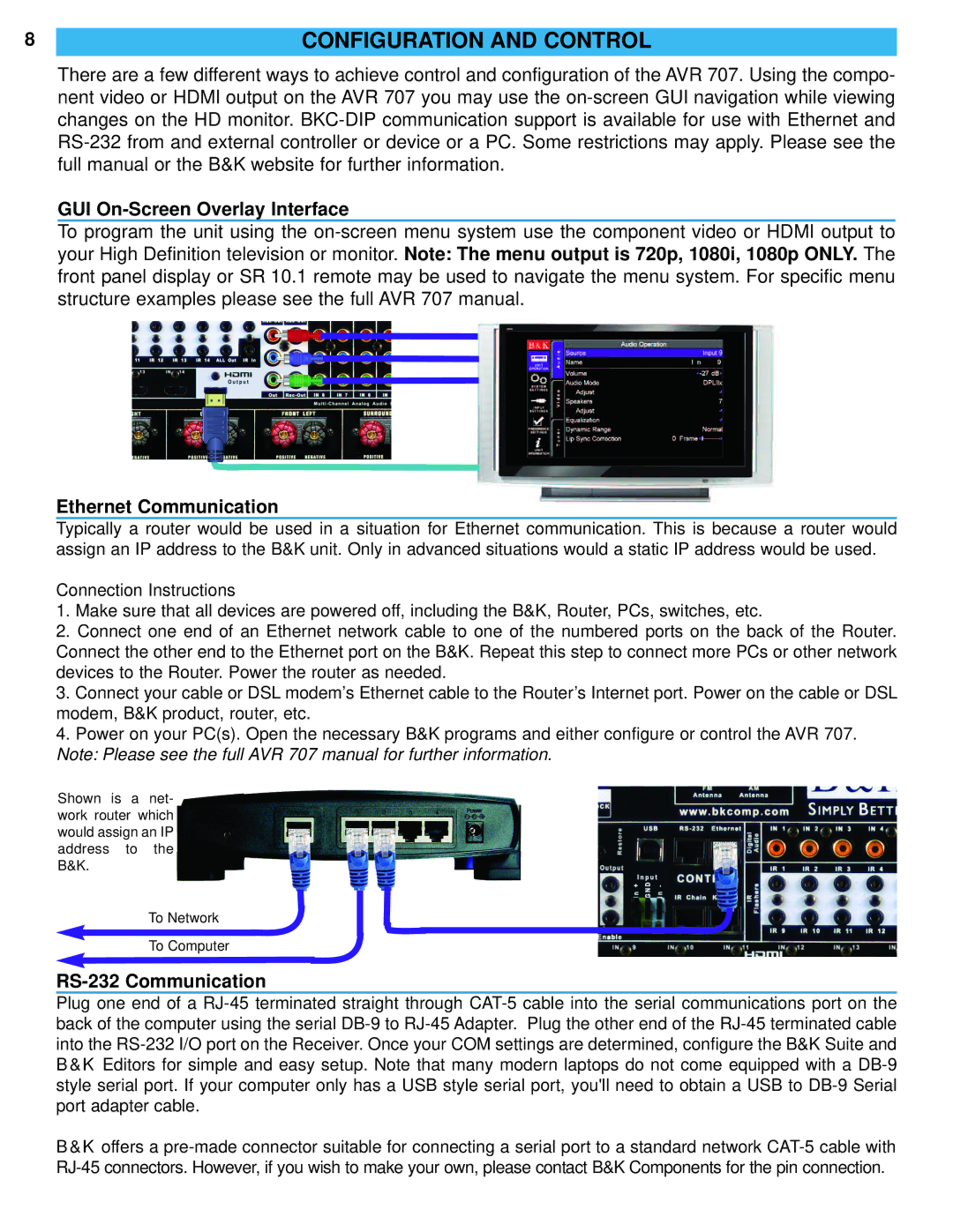 B&K AVR 707/705 8CONFIGURATION and Control, GUI On-Screen Overlay Interface, Ethernet Communication, RS-232 Communication 