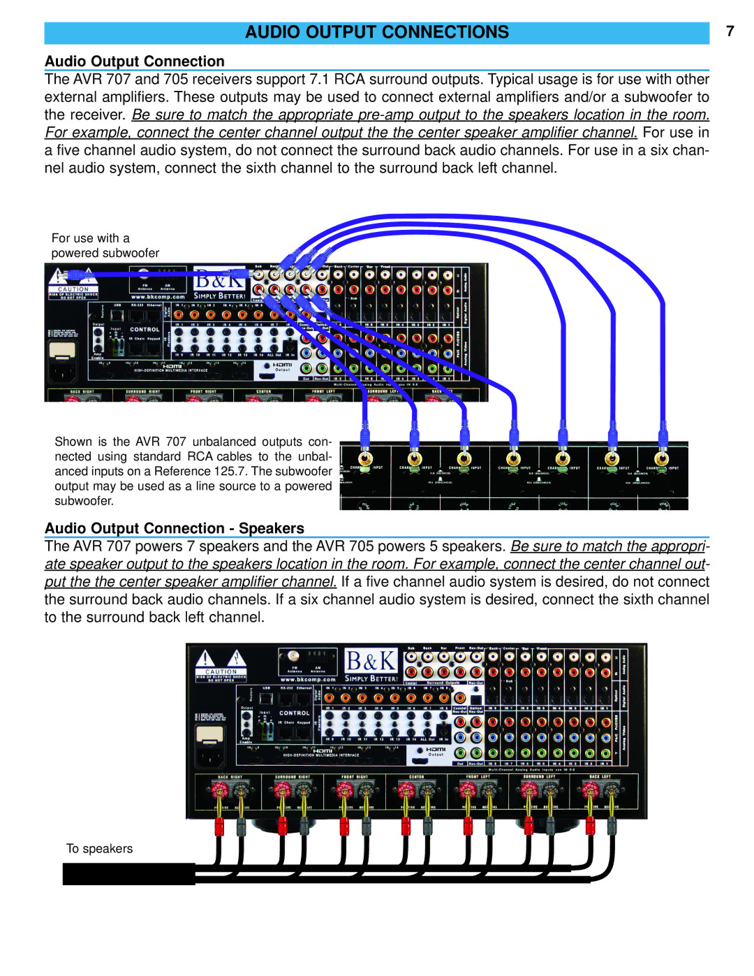 B&K AVR 707/705 manual Audio Output Connection Speakers 