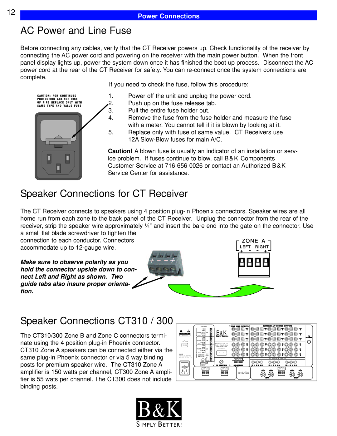 B&K CT602, CT600, CT610, CT300 AC Power and Line Fuse, Speaker Connections for CT Receiver, Speaker Connections CT310 