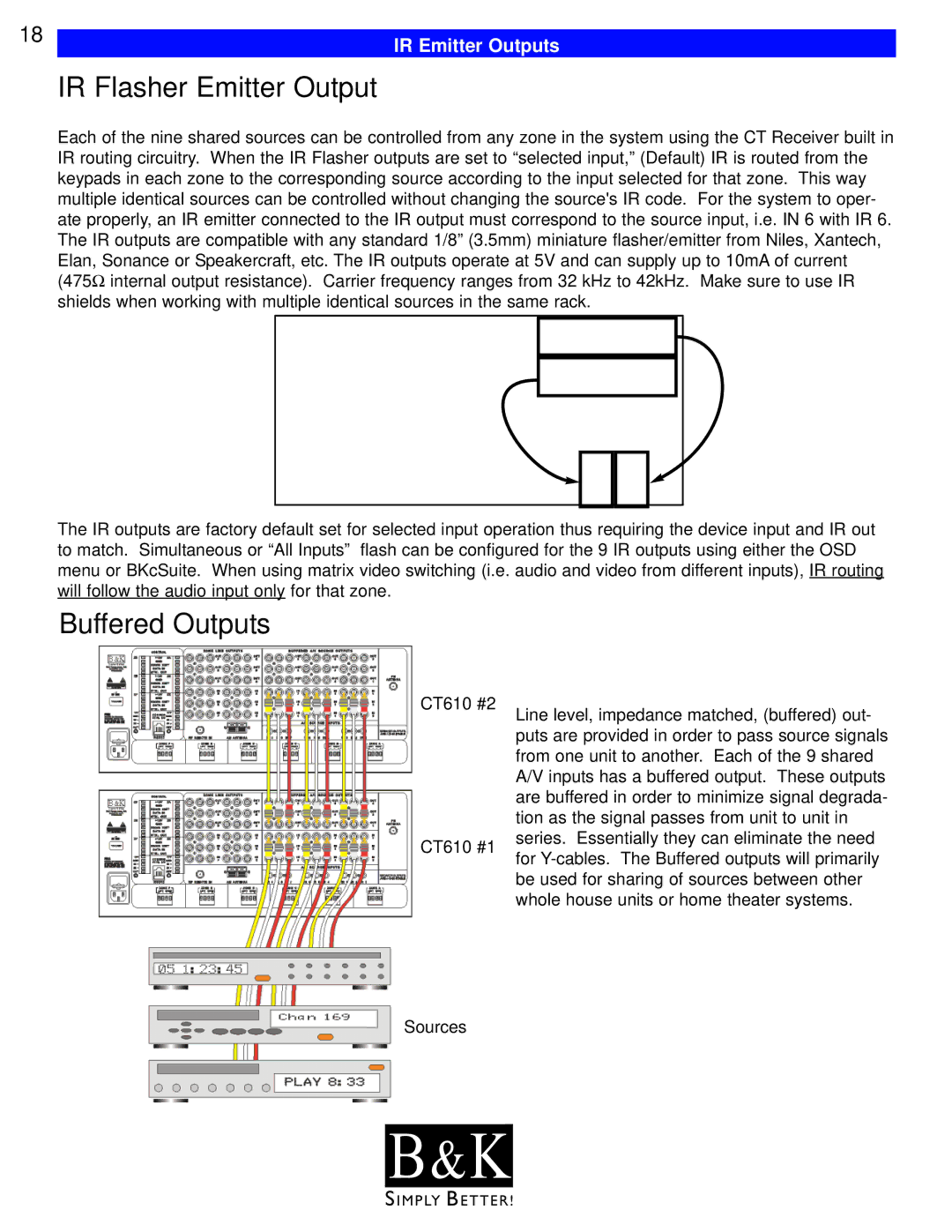 B&K CT310, CT600, CT602, CT610, CT300 user manual IR Flasher Emitter Output, Buffered Outputs, IR Emitter Outputs 