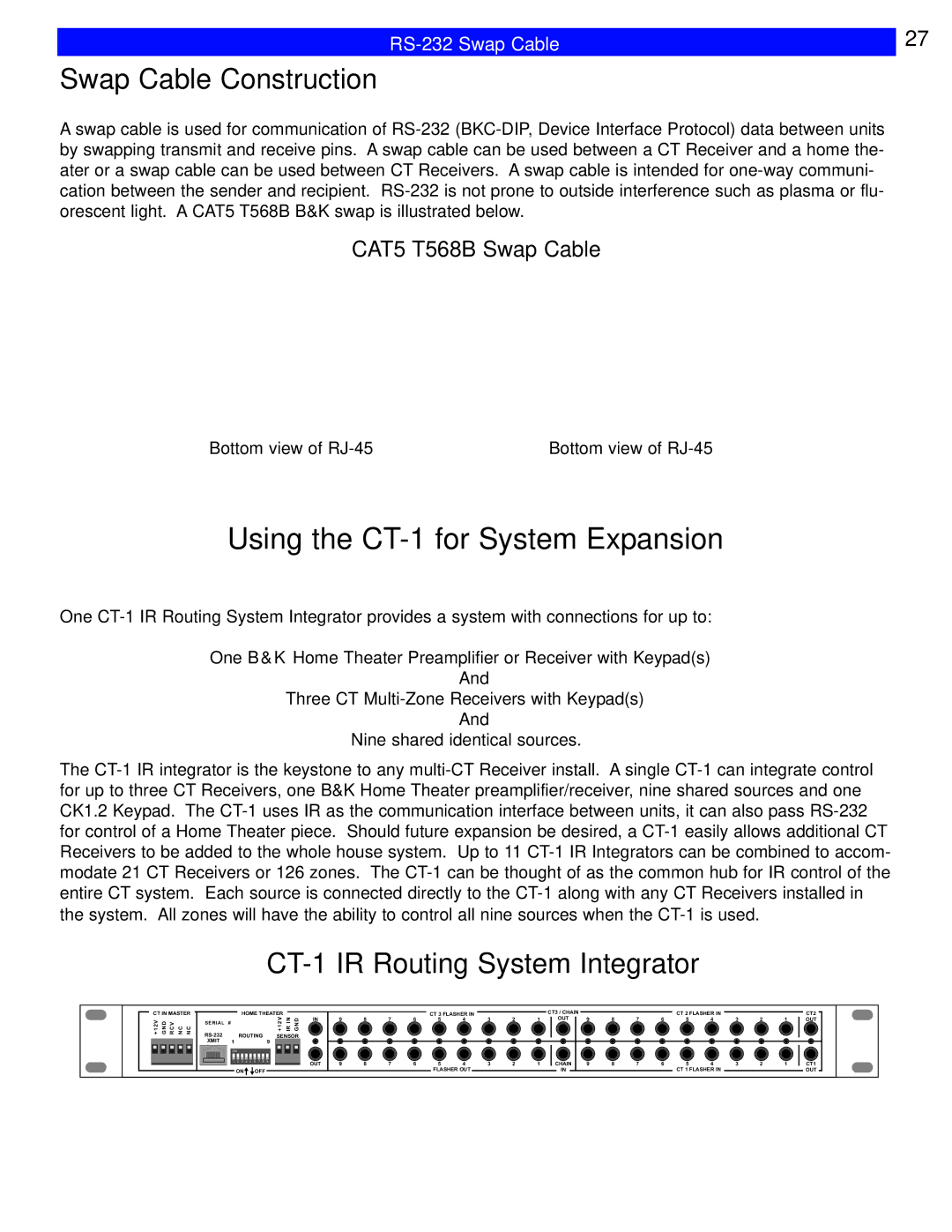 B&K CT602, CT600 Swap Cable Construction, CT-1 IR Routing System Integrator, CAT5 T568B Swap Cable, RS-232 Swap Cable 